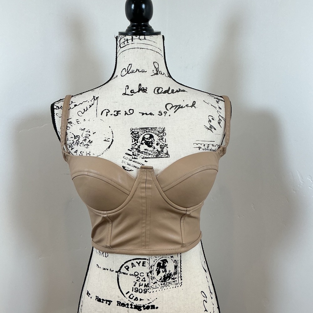 Charlotte Russe Faux Leather Bustier Crop Top – Nude Tan – Zip Back – Size Small